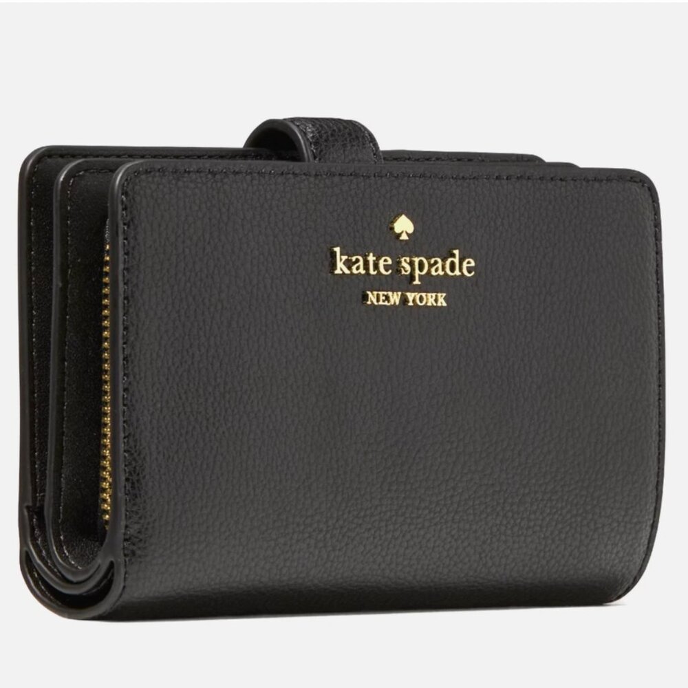 New Kate Spade Medium Compact Bifold Wallet Pebble Leather Black